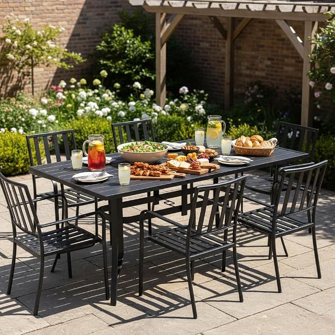Tangkula 63" x 33" Metal Patio Dining Table for 6, Rectangle Heavy Duty Outdoor Dining Table with Umbrella Hole, 6-Person Outside Dining Furniture for Porch, Garden, Balcony and Backyard