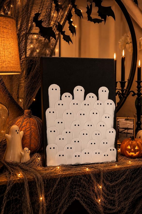 Kindlivery Halloween Decorations, Ghost Wall Art Hand Painted Painting, Unframed Spooky Ghost Artwork, Wall or Tabletop Display, Indoor Decor, For Home Mantel Shelf