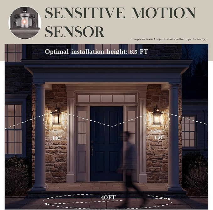 Emliviar Medium Large Motion Sensor Outside Lantern, Outdoor Wall Sconce Porch Light, 1-Light Wall Lamp with Water Ripple Glass, Oil Rubbed Bronze Finish, 2084B-M-SE ORB-SW