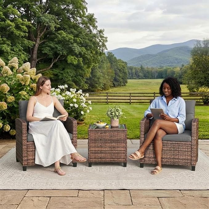 GarveeLife 3 Pieces Patio Furniture Set, PE Rattan Patio Conversation Set with Tempered Glass Tabletop, Outdoor Wicker Chairs and Table Set for Patio Balcony Garden, Brown and Grey