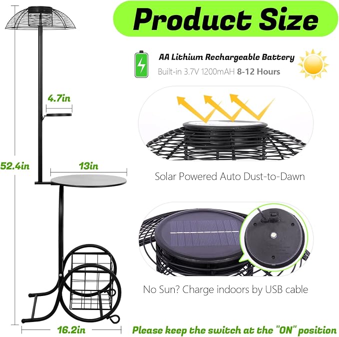 Solar Outdoor Coffee Table with Light, 52.5'' Black Metal Patio Coffee Table, Waterproof IP65 Solar Side Table with Auto Lighting & USB Charging, Outdoor Plant Stand for Patio Porch Backyard Poolside