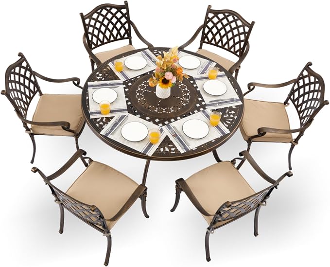 7-Pcs Cast Aluminum Patio Dining Set for 6, 54" Round Table,Bronze | Outdoor Furniture Set Include Dining Table and 6 Stackable Chairs with Cushions & Umbrella Hole