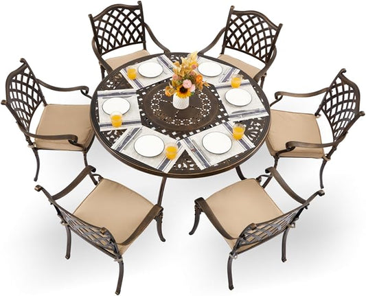 7-Pcs Cast Aluminum Patio Dining Set for 6, 54" Round Table,Bronze | Outdoor Furniture Set Include Dining Table and 6 Stackable Chairs with Cushions & Umbrella Hole