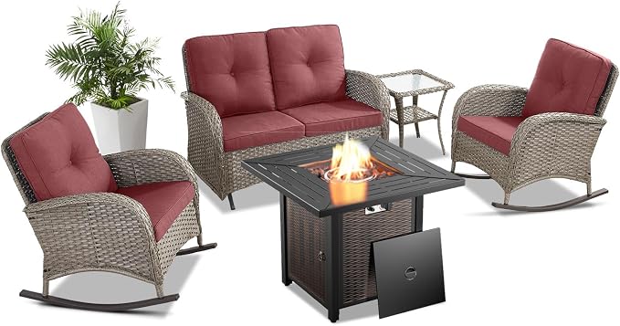 Belord 5 Pieces Patio Furniture Set with 50000 BTU Propane Fire Pit Table, All-Weather Patio Rocking Chairs, Loveseat Glider and Side Table for Outdoor Conversation Deck Poolside Backyard