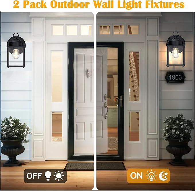 Outdoor Wall Light, Porch Lamp, Rustproof Waterproof, Black | Exterior Wall Sconce Fixture for House, Garage, Patio, Metal Housing with Glass, E26 Base, 2 Pack