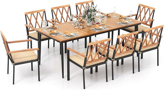 Tangkula 9-Piece Patio Dining Set, Outdoor Acacia Wood Dining Table with 1.9" Umbrella Hole& 8 Dining Chairs with Cross Hollow Back and Seat Cushions, for Garden, Porch, Deck, Natural