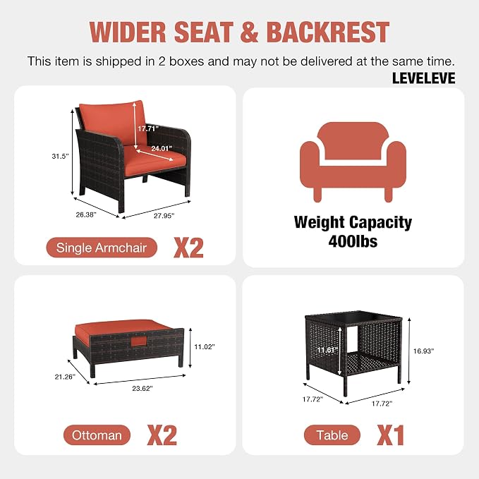 LEVELEVE Patio Conversation Set 5 Piece, Balcony Furniture Outdoor PE Rattan Wicker Lounge Chairs with Soft Cushions, 2 Ottomans & Glass Table for Porch Lawn, Brown (Orange Red Cushions