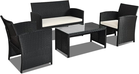 Goplus 4-Piece Rattan Patio Furniture Set, Outdoor Wicker Conversation Sofa with Weather Resistant Cushions and Tempered Glass Tabletop for Lawn Backyard Pool Garden (White(Black Wicker))