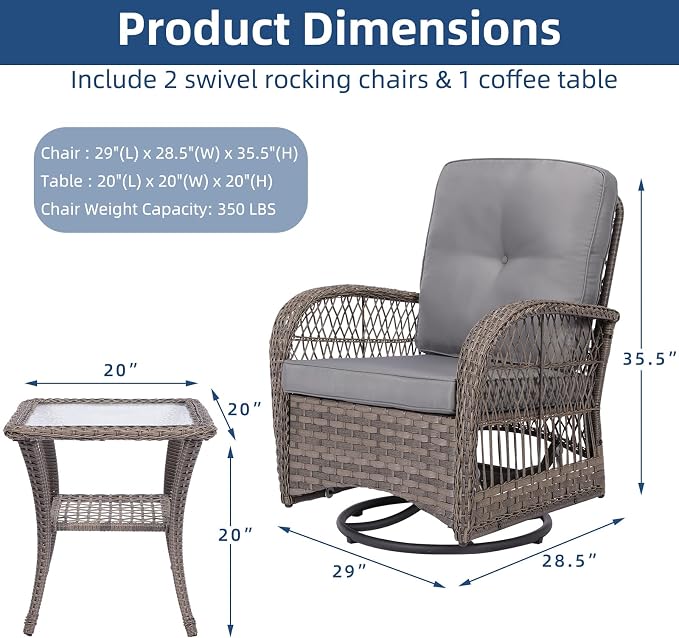 3-Piece Patio Wicker Conversation Bistro Set, Rattan Gliding Rocking Swivel Chairs with Cushion and Glass Top Side Table Outdoor Furniture Sets for Garden Backyard, Grey