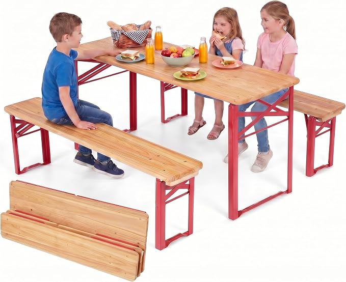 HONEY JOY Kids Picnic Table, 43.5 Inch Folding Toddler Outdoor Table & 2 Benches, Fir Wood Top & Metal Frame, No Assembly, Portable Easy to Store Camping Table and Chairs for Patio Backyard (Red)