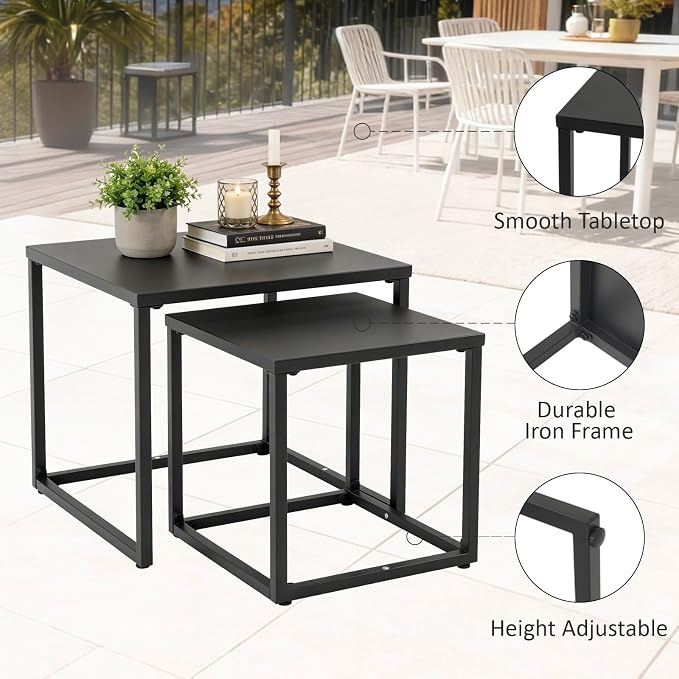 Meluvici Patio Outdoor Coffee Table Set of 2, Weather Resistant Steel Square End Tables, Outdoor Nesting Tables for Patio, Balcony, Bistro and Indoor, Black (Black)