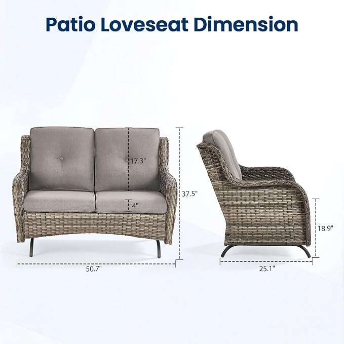 Patio Loveseat Sofa, Outdoor Wicker Loveseat with Luxury Thick Cushion, All-Weather Patio Furniture Set, Outdoor Glider Bench for Garden Balcony Backyard(Grey Wicker/Grey Cushion)