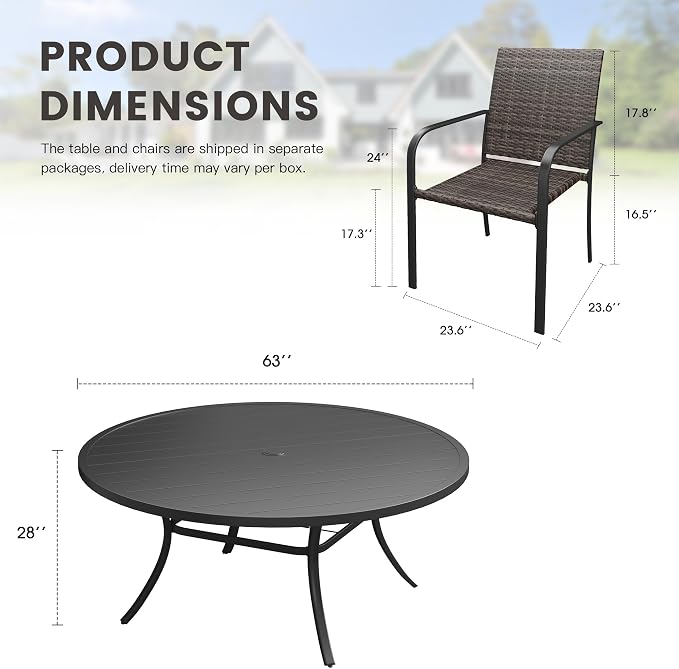 Outdoor Dining Set for 10, 63" Metal Round Outdoor Dining Table with Umbrella Hole and Wicker Stackable Patio Chairs, 11 Pieces Patio Table and Chairs Set for Garden Backyard, Black
