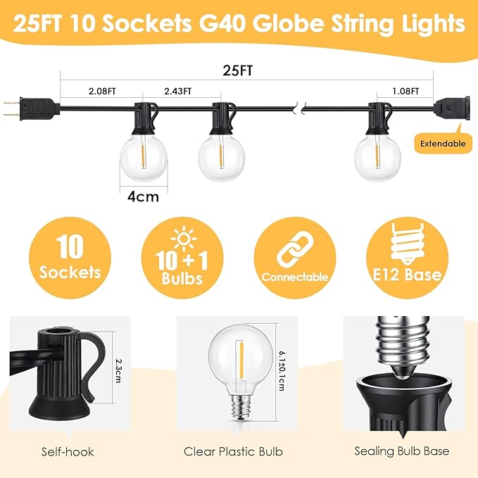 2 Pack 25FT G40 LED Outdoor String Lights with 10+1 Bulbs, Black | Waterproof, Shatterproof, Dimmable, Connectable, Energy-saving, Patio Lights Porch Balcony Backyard Party Classroom Decor