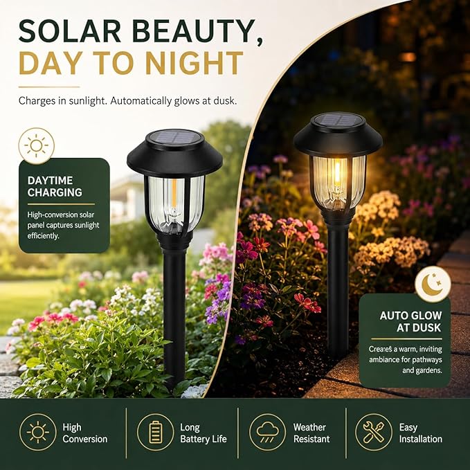 ILANCK Solar Pathway Lights Outdoor,12 Pack Solar Lights Outdoor Waterproof, Warm White Auto On/Off LED Solar Powered, Garden Landscape Lighting for Yard Walkway Driveway Path Decorative