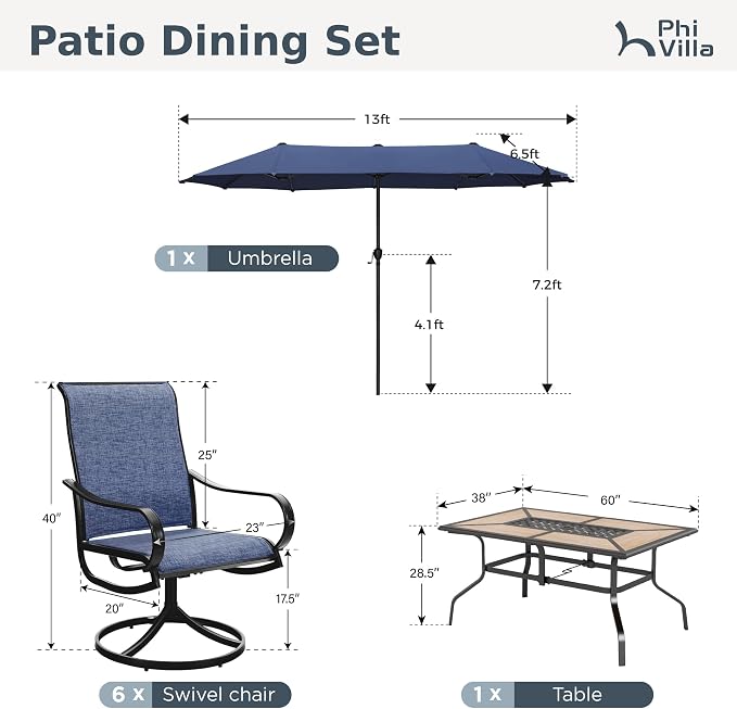 PHI VILLA 8 Pc Outdoor Dining Set with 13ft Umbrella, Swivel Mesh Chairs | 60'' wood-look rectangular table, 6 blue patio textilene chairs and 13ft navy blue umbrella(NO BASE) for deck, garden, yard