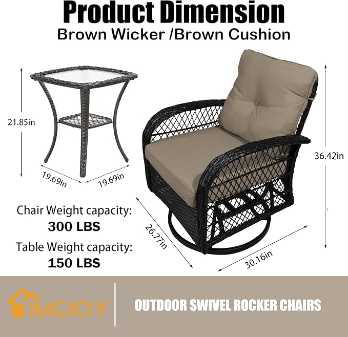 Outdoor Swivel Rocker Patio Chairs with Cushions，Outdoor Swivel Rocking Chairs Set of 2 with Rattan Side Table，360 Degree Swivel Seat Patio Furniture Set for Outside Porch Deck，3 Pieces