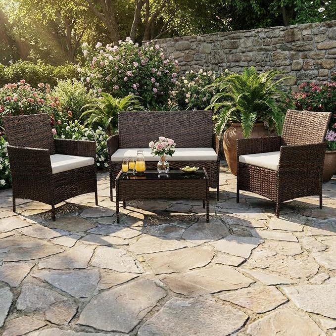 4PCS Outdoor Patio Bistro Set, PE Rattan Wicker Armchairs, Brown/Beige