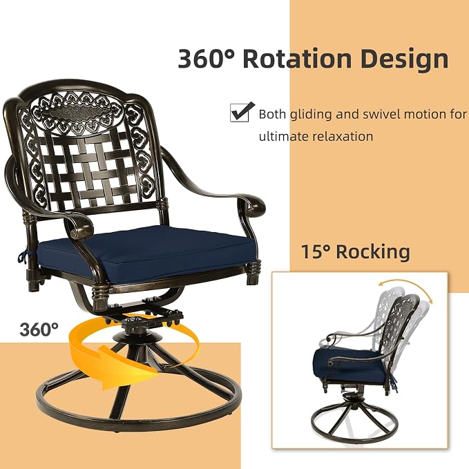 3-Piece Outdoor Patio Dining Set, All-Weather Cast Aluminum Patio Furniture Set for Backyard Garden Deck with 2 Swivel Cushioned Chairs and 31” Round Table, 2" Umbrella Hole, Navy Blue