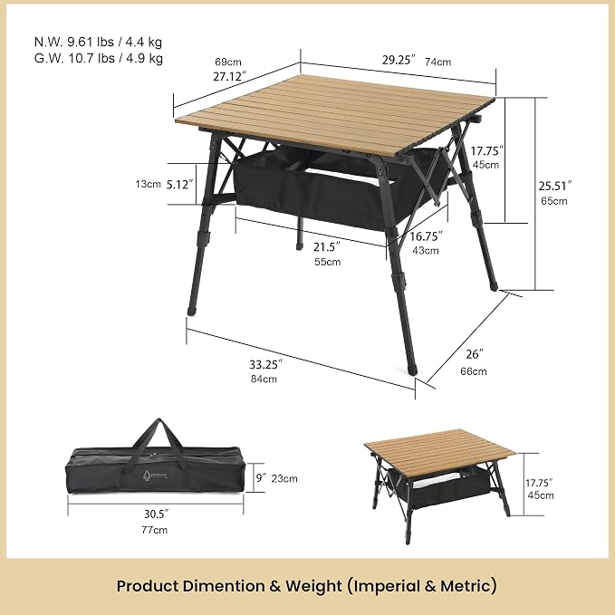ARROWHEAD OUTDOOR 39" Aluminum Folding Camp Roll Up Table w/Adjustable Height, Undertable Mesh Storage, Carry Bag