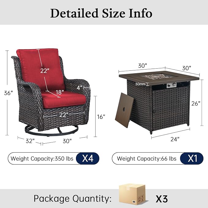 Wicker Patio Conversation Furniture Set All Weather Outdoor Furniture Set with Swivel Rocker Chairs and Fire Pit Table, High Back, 4 Inch Thick Cushions – Brown Wicker/Red Cushion, 5 PCS