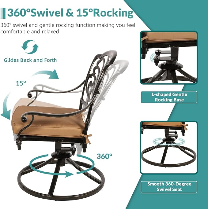 MEETWARM 9-Piece Outdoor Patio Dining Set for 8, All Weather Cast Aluminum Patio Funiture Table and Chairs Set- 94.5” Rectangular Table and 2 Swivel Rocker Chairs, 6 Stationary, Umbrella Hole, Khaki