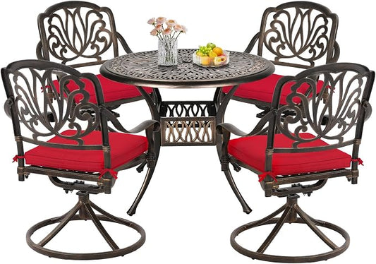 TITIMO 5-Piece Cast Aluminum Outdoor Patio Dining Set, 4 Pattern Chairs and Table, Cast Aluminum Conversation Set with 2.2” Umbrella Hole, 1 Round Table and 4 Swivel Chairs with Cushions (Red)