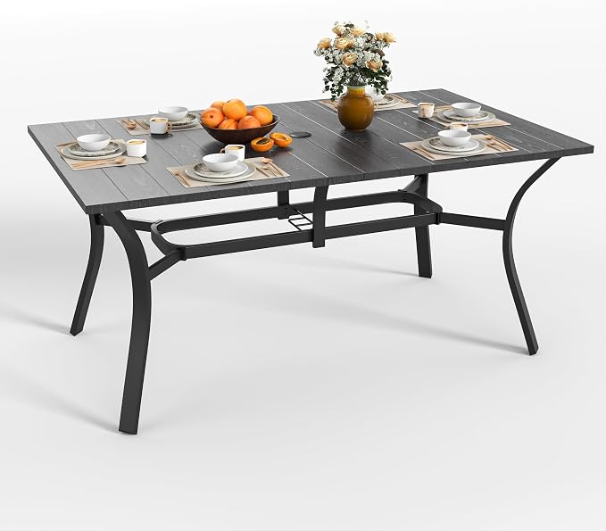 KEIKI 7-Piece Outdoor Patio Dining Set, Waterproof Patio Table and Chairs for 6, Rectangular Wood-Grain Metal Table with Umbrella Hole for Lawn Garden Backyard, Black+Red