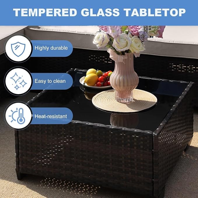 10 Pieces Outdoor Patio Furniture Set Wicker Rattan Conversation Sets with Tea Table Thick Cushioned Patio Sofa for Garden Backyard Porch Poolside Seating Peacock(Blue2)