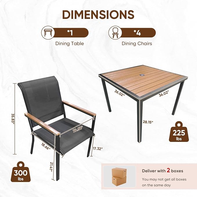 NATURAL EXPRESSIONS HDPS Patio Outdoor Table and Chairs Set for 4, Patio Dining Set with 4 Textilene Chair and 36” Square Fauxwood Patio Table with Umbrella Hole for Garden, Backyard, Deck (Black)