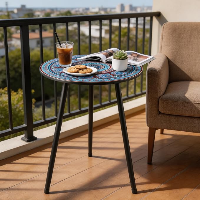 Outdoor Side Table Set of 2 Patio Side Tables for Outside Black End Tables Small Outdoor Table Round Patio End Table Metal Side Table Outside, Indoor, Bedroom, Living Room, Small Spaces, Azure Mosaic