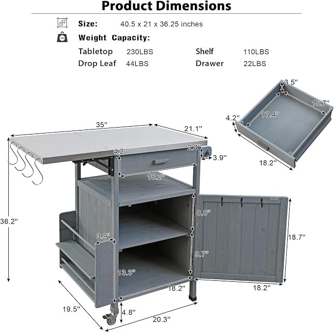 Solid Wood Outdoor Small Grill Table Kitchen Island with Stainless Steel Drop Leaf, Farmhouse Serving Cart with Drawer and Wheels, Outdoor Bar Table for Patio, Lawn Garden, Kitchen, Grey Blue