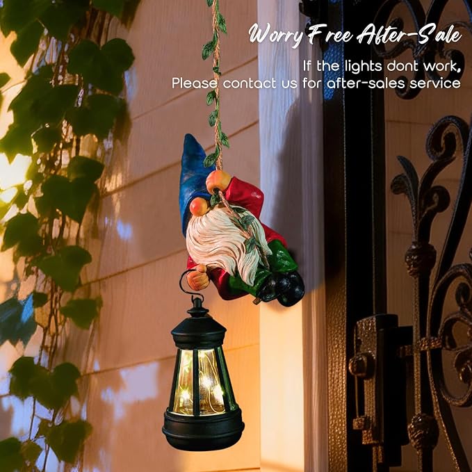 Solar Hanging Gnome Garden Statues Climbing Rope Gnome with LED Lantern | Summer Outdoor Decor Tree Hugger Yard Porch Wall Fence Decoration Mother's Day Birthday Gifts for Mom Women