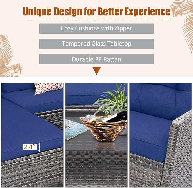 Tangkula 4 Pieces Rattan Conversation Set, Patiojoy Outdoor Furniture Set with Cushions, Lounge Sofa Set with Coffee Table, Patio Sectional Sofa Set for Patio Garden Poolside Backyard (Navy)