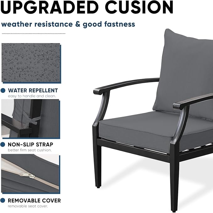 4-Piece Patio Conversation Set,Oversized Outdoor Metal Furniture Set with Table and Loveseat,Removable and Washable Deep Seating Cushions,High Backrest for Porch Poolside Deck,Grey