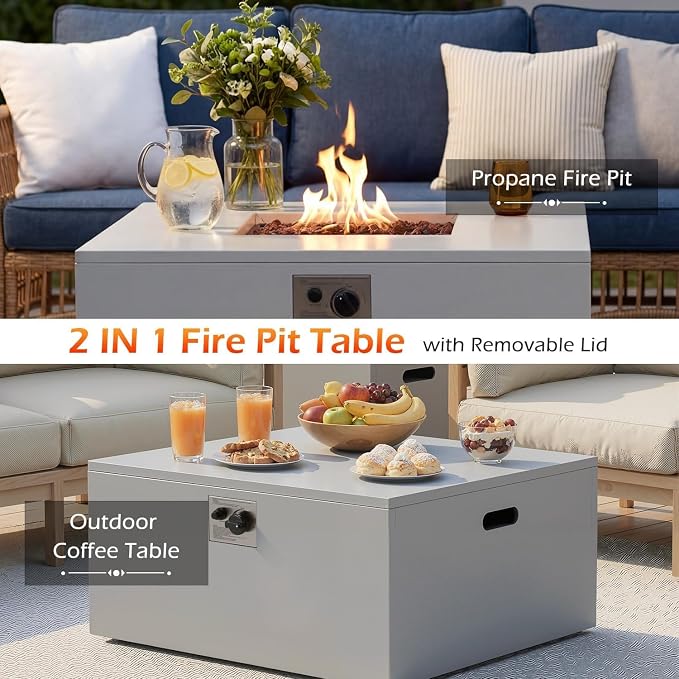 ECOTOUGE 8-Piece Half-Moon Curved Patio Furniture Set with Fire Pit Table, Wicker Rattan Sectional Sofa with Thick Cushions, Outdoor Conversation Set for Backyard Garden No Tank Cover(Blue, Grey)