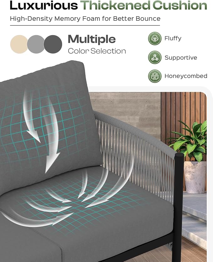 Aluminum Outdoor Patio Furniture Set with Dual-Layer Coffee Table, 4 Piece Modern Patio Conversation Sets with PE Rope, Outdoor Sectional Sofa with Thick Cushions for Balcony, Deck, Charcoal