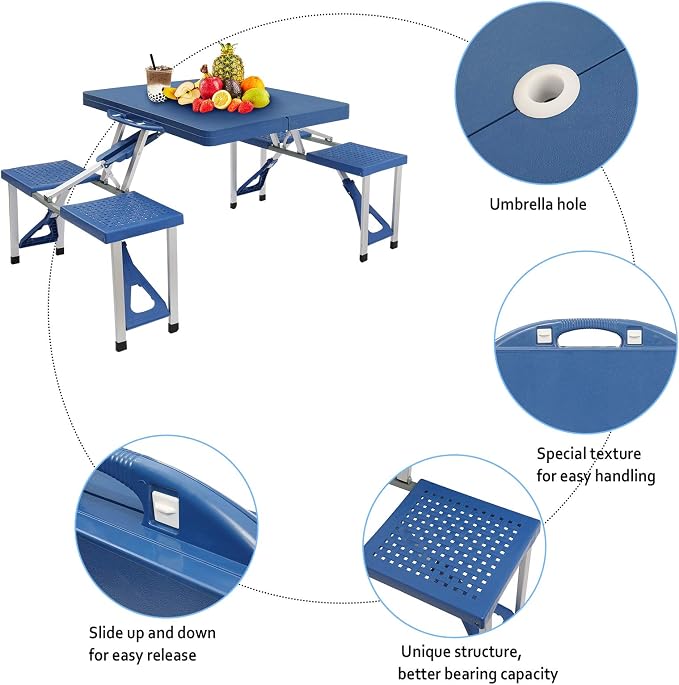 Picnic Table,Folding Picnic Table with Umbrella Hole, Aluminum Suitcase Portable Outdoor Table with Bench, Patio, Porch or Camping Table and Chair Set (Blue, Plastic PS Thickened)