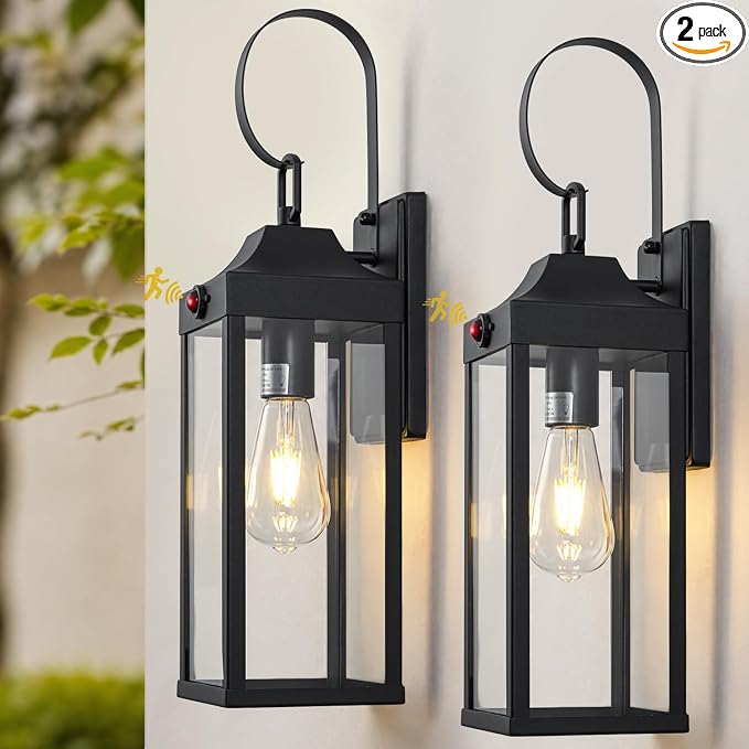 Motion Sensor Outdoor Lights Fixture Exterior Wall Sconce 2 Packs | 20” Large Size,3 Lighting Mode,Black, Waterproof Outside House Porch Lantern,E26 Socket