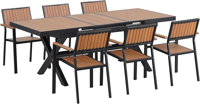 RUNNA Experience Outdoor Dining Freedom with a Flexible Set Including Six Chairs and a Table That Extends from 62.9 to 82.6 Inches for Personalized Arrangements (Black+Natural@43)
