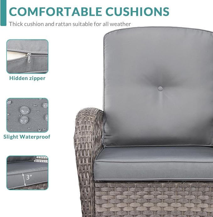 MEETWARM Patio Wicker Rocking Glider Set, All-Weather Outdoor Rattan Patio Rocking Chairs of 2, Patio Conversation Set with Thickened Cushions for Porch Garden & Backyard, Gray