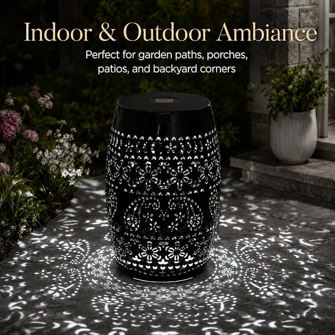 12" Outdoor Solar Side Table, Decorative Cutout Metal Round Side Table, Multi Functional - Coffee Table, Night Stand, Plant Stand for Patio, Garden, Backyard, Gazebo Indoor (Black)