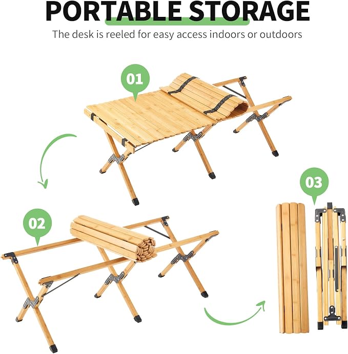 UNICOO –Bamboo Roll Up Picnic Table, Portable Camping Table W/Carry Bag, Low Height Foldable BBQ Top for Indoor & Outdoor Party, BBQ and Hiking (Natural, 4 FT)