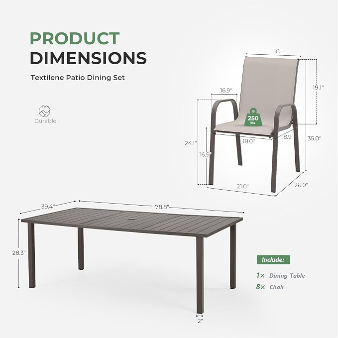 Outdoor Dining Set for 8, Patio Dining Set with Textilene Dining Chairs, Metal Dining Table with Umbrella Hole, Stackable Outdoor Chairs for Garden, Patio, Poolside and Backyard, Grey