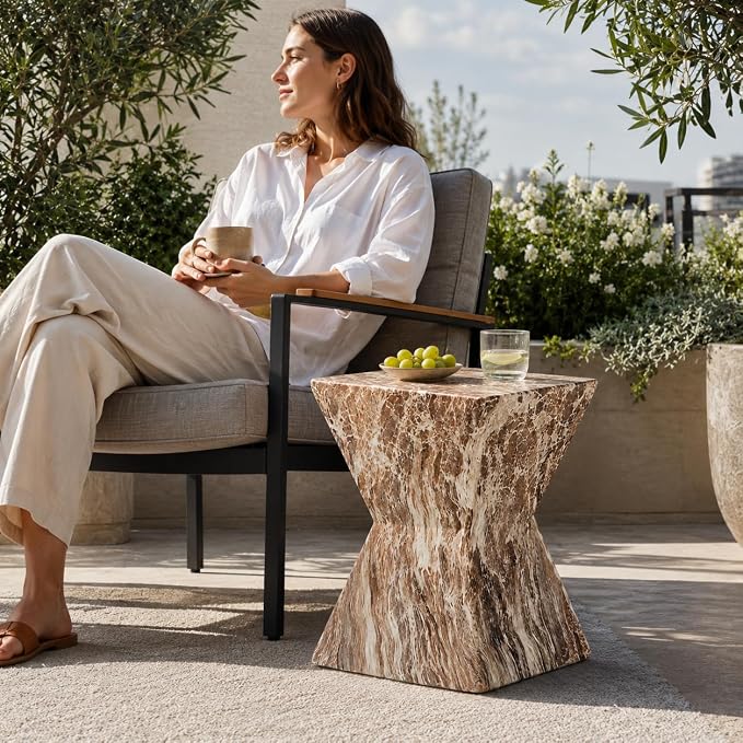 12.4" Concrete Side Table Outdoor, Modern Tree Stump Garden Stool,Faux Terrazzo Modern Small Squre Side Accent Table,Small Stone End Table for Balcony (Marble-12.4"-6)