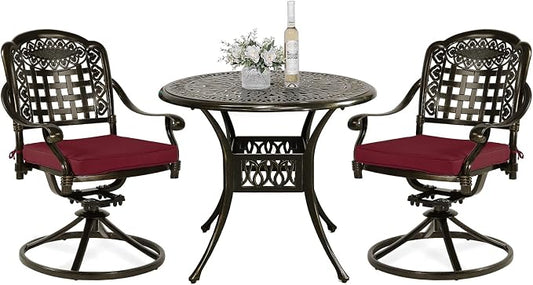VIVIJASON 3-Piece Patio Bistro Set, Outdoor All-Weather Cast Aluminum Furniture Dining Set, Include 2 Swivel Chairs and 34.5" Round Table w/Umbrella Hole for Balcony, Lawn, Garden (Red Cushion)
