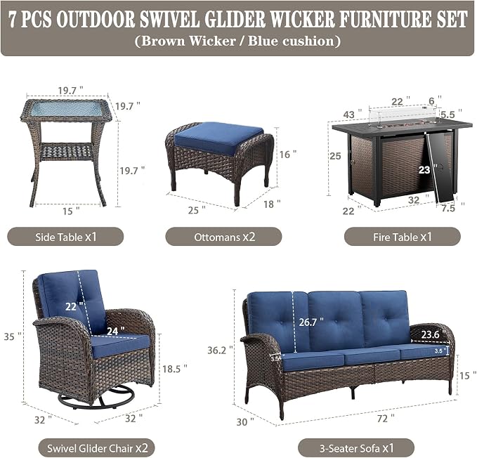 Belord 8 Piece Patio Furniture Set with 50000 BTU Propane Fire Pit Table, Outdoor Conversation Set with 2 Swivel Rocker Chairs Wicker Sofa and Ottomans for Casual Gatherings
