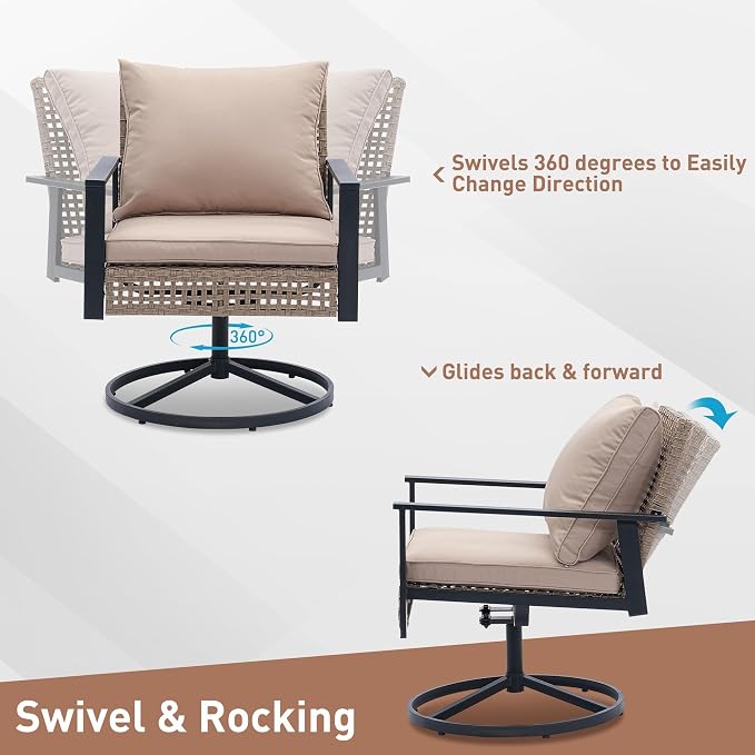 Ainfox 3 Pieces Patio Wicker Chairs Swivel Rocker, Outdoor Swivel Rocker Patio Chairs with Rattan Side Table, Patio Furniture Set for Patio Porch Pool, Khaki