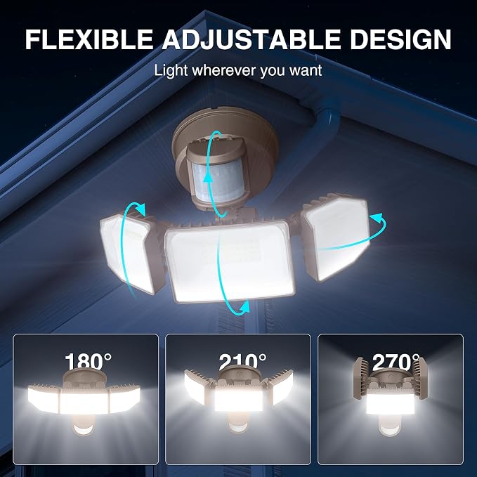 85W LED Security Lights Motion Sensor Light Outdoor, 8500LM Dusk to Dawn, IP65 Waterproof, 6500K, 3 Head Motion Detected Flood Light, Floodlight for Outside, Garage, Yard, Porch (Brown)