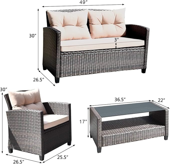 DORTALA 4 Piece Wicker Patio Furniture Set, PE Rattan Outdoor Conversation Sets with Loveseat, Chairs & Coffee Table for Backyard, Porch, Garden and Poolside, Brown